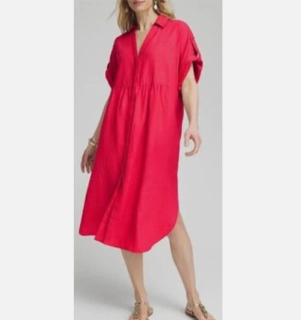 Chico’s 100% Linen Roll Tab Dolman Midi Dress Red Watermelon Punch Women's 8